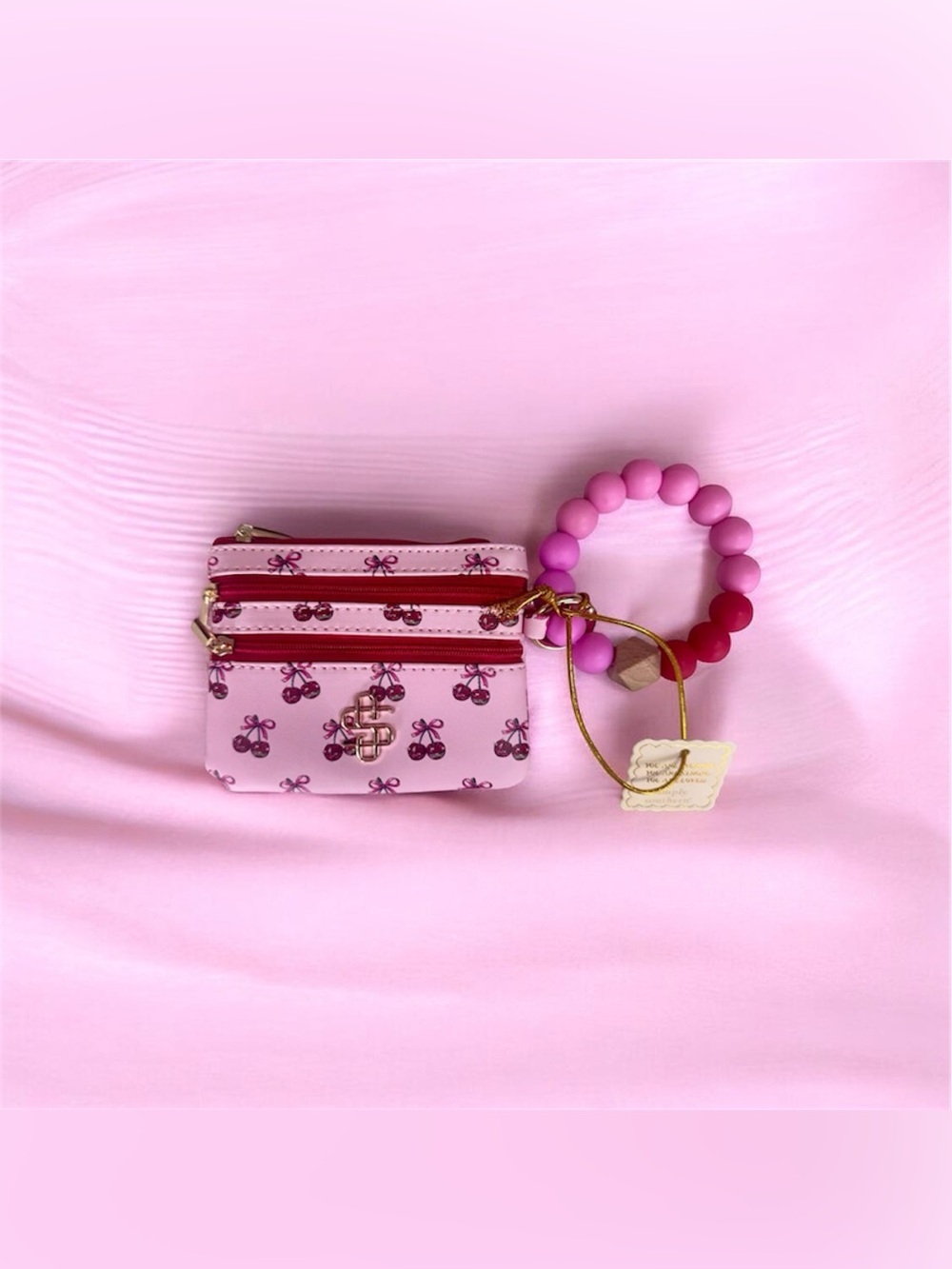 Cherry Print Triple-Zip Coin Purse Wallet Wristlet Pink Glitter Cherry Keychain - Picture 2 of 4
